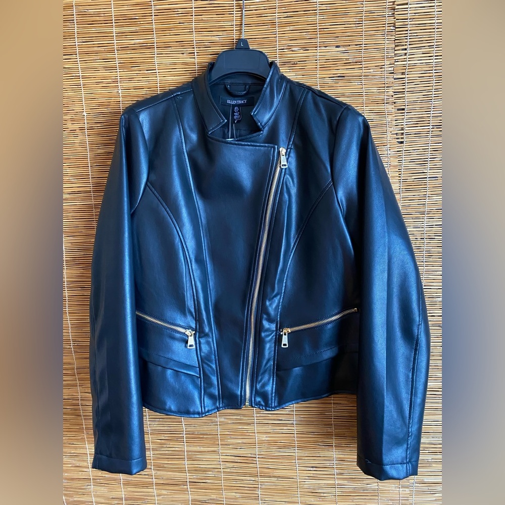 Ellen TracyBlack Faux Leather Moto Jacket. Size: L